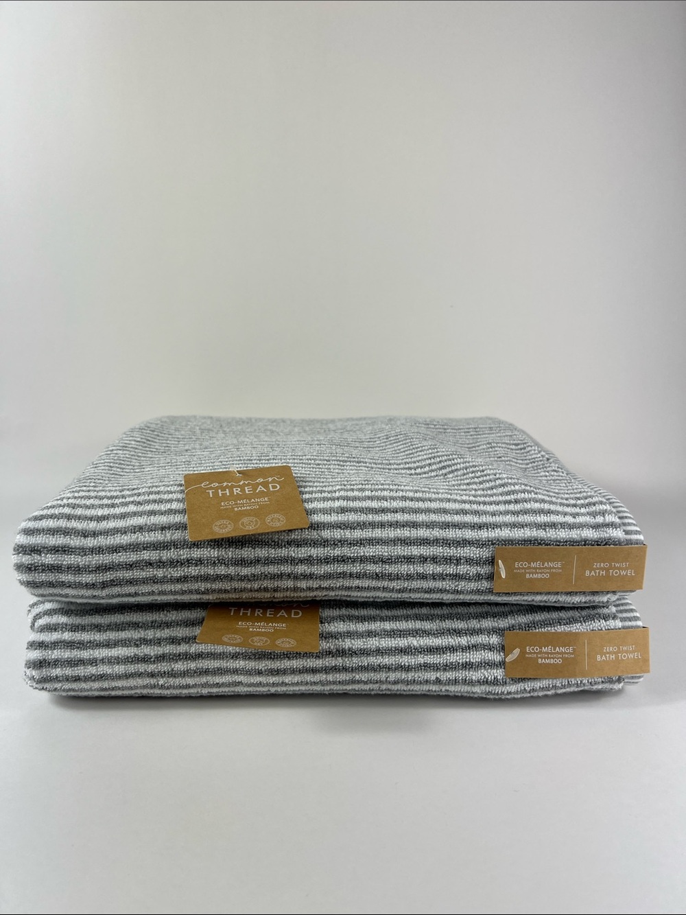 Common thread Bamboo Bath Towels Eco-Mélange Gray White Striped Set of 2 NEW